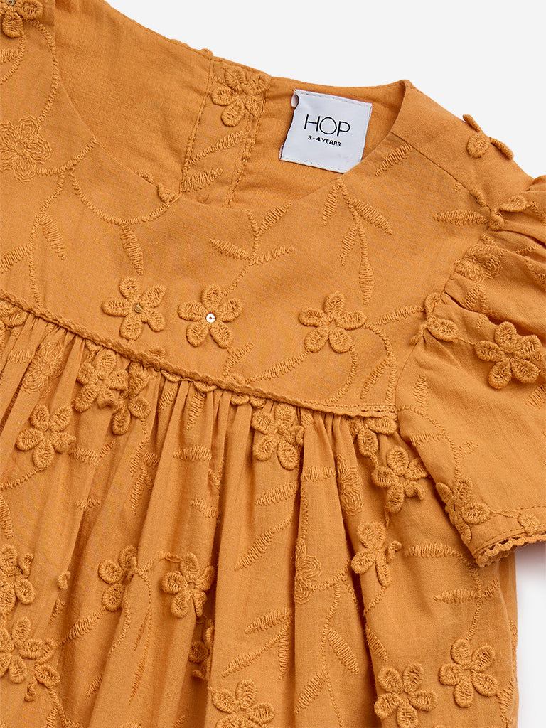 HOP Kids Orange Floral Embroidered A-Line Cotton Dress