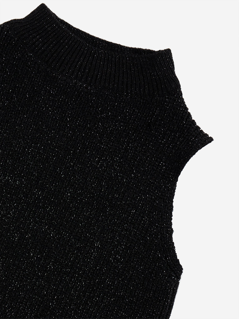 Y&F Kids Black Shimmer-Detailed Ribbed Top