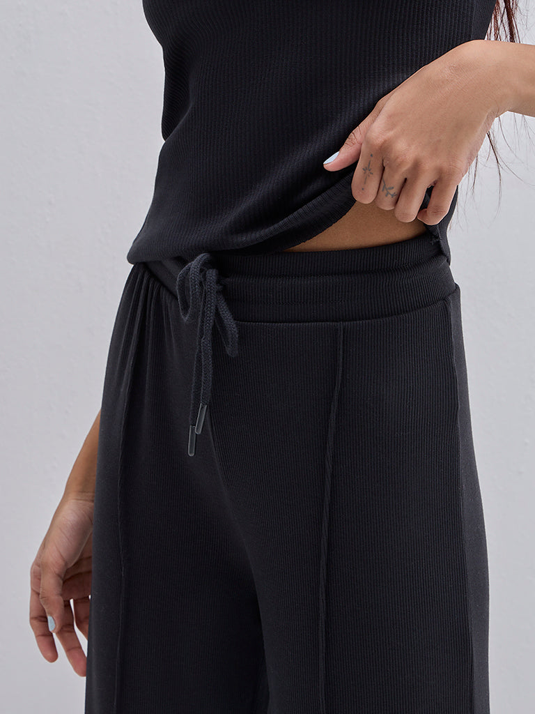 Superstar Black Ribbed Textured High-Rise Lounge Pants