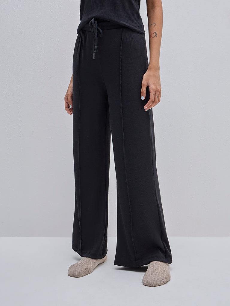 Superstar Black Ribbed Textured High-Rise Lounge Pants