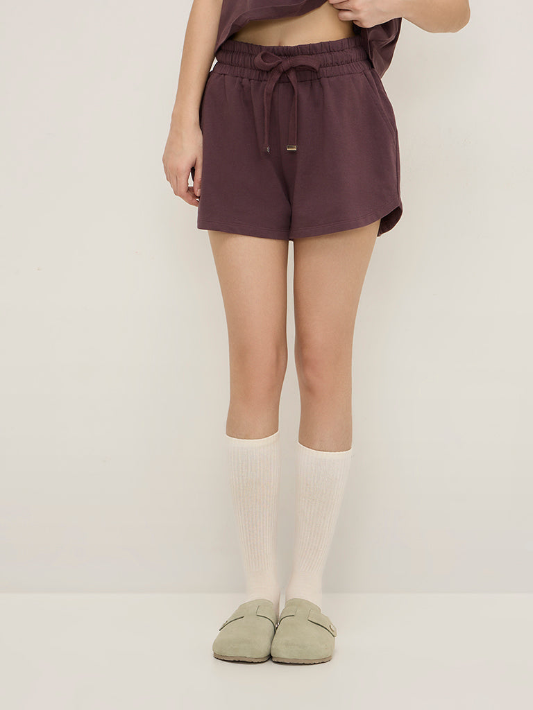 Superstar Plum Solid High-Rise Cotton Shorts