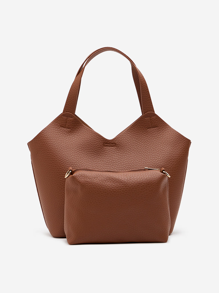 Westside Brown Textured Tote Bag with a Pouch