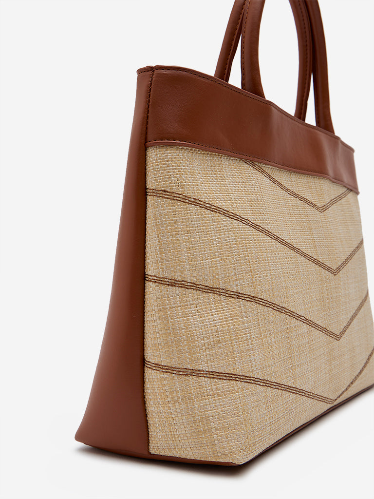 Westside Beige & Brown Jute-Textured Hand Bag