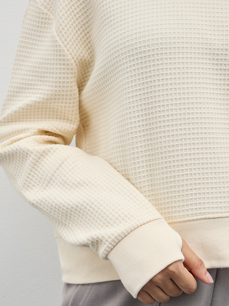 Studiofit Light Beige Waffle-Textured Cotton Sweatshirt