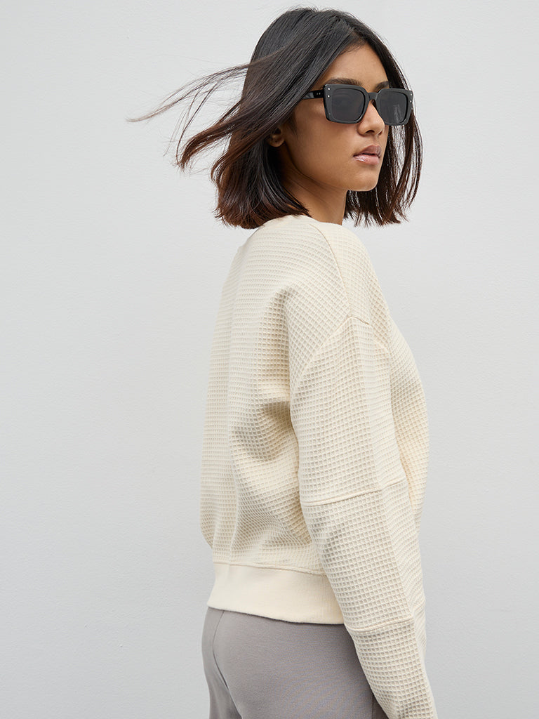 Studiofit Light Beige Waffle-Textured Cotton Sweatshirt