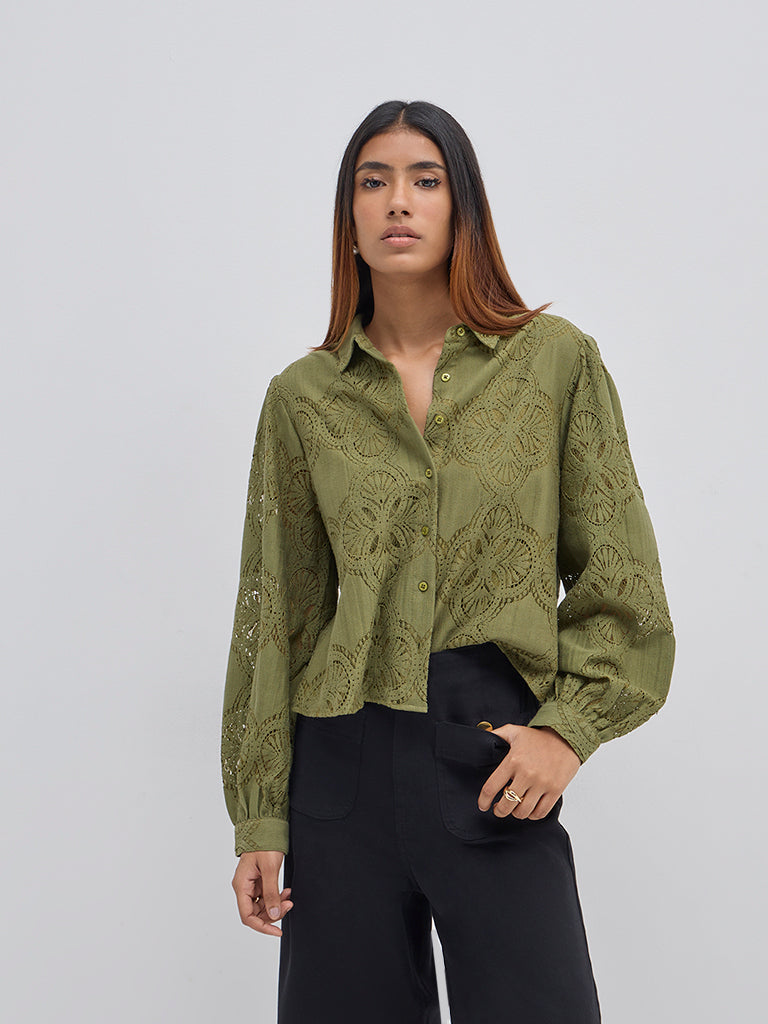 LOV Olive Embroidered Cotton-Blend Shirt