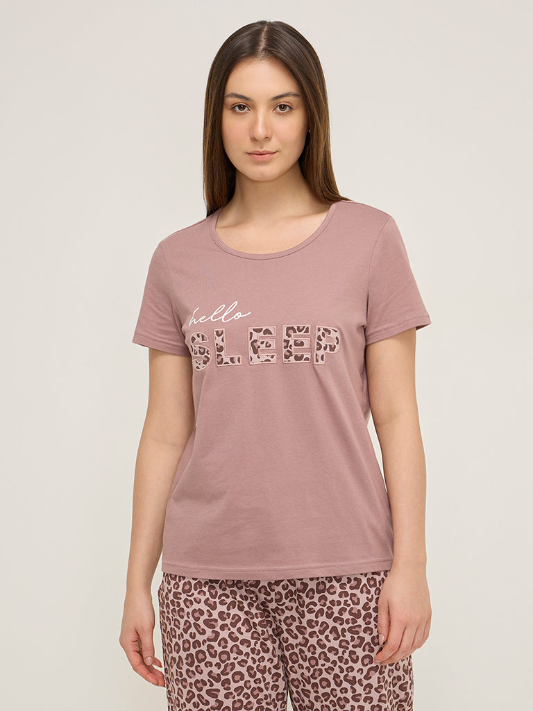 Wunderlove Dusty Pink Text Printed Cotton T-Shirt