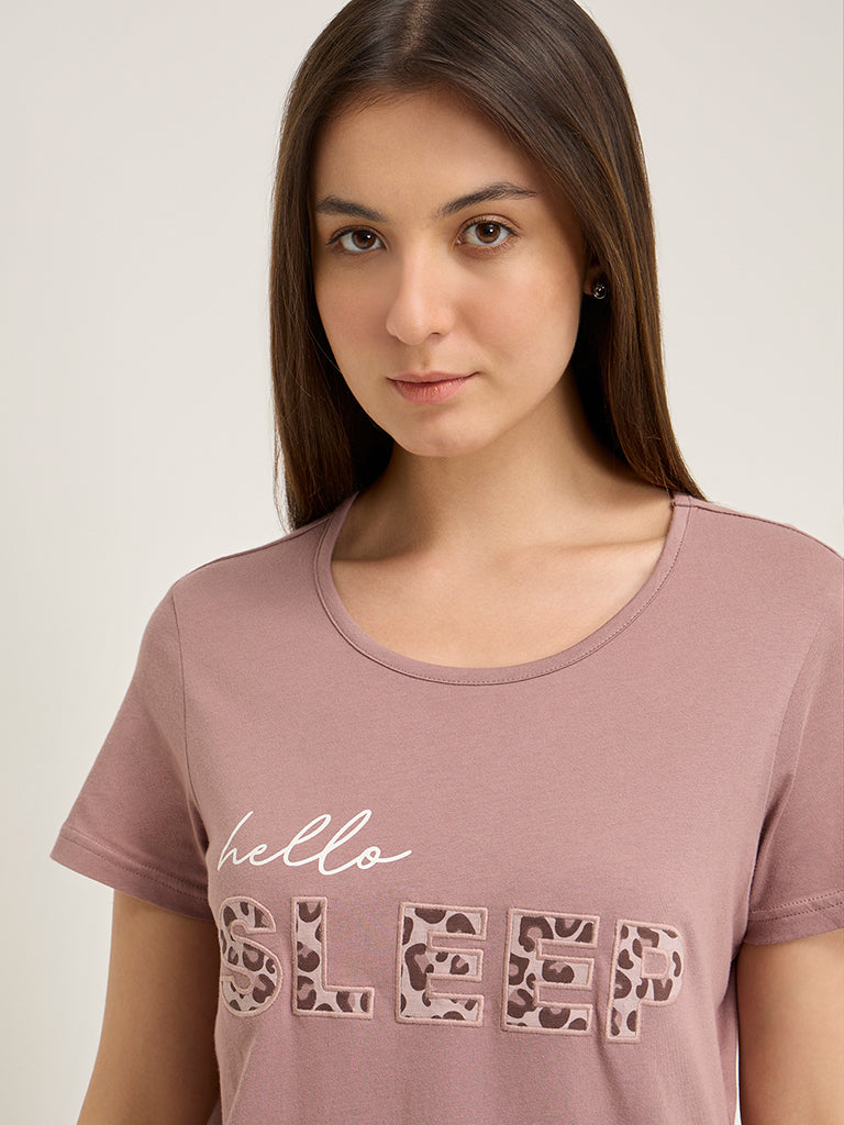 Wunderlove Dusty Pink Text Printed Cotton T-Shirt