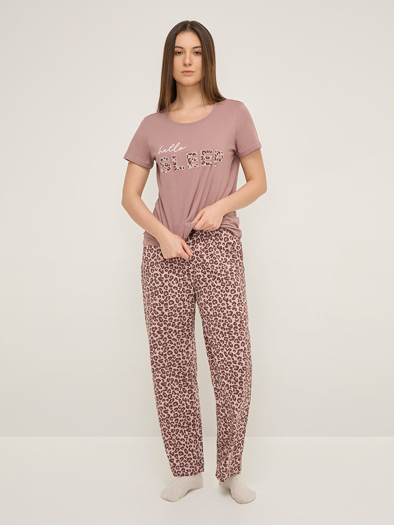 Wunderlove Dusty Pink Text Printed Cotton T-Shirt