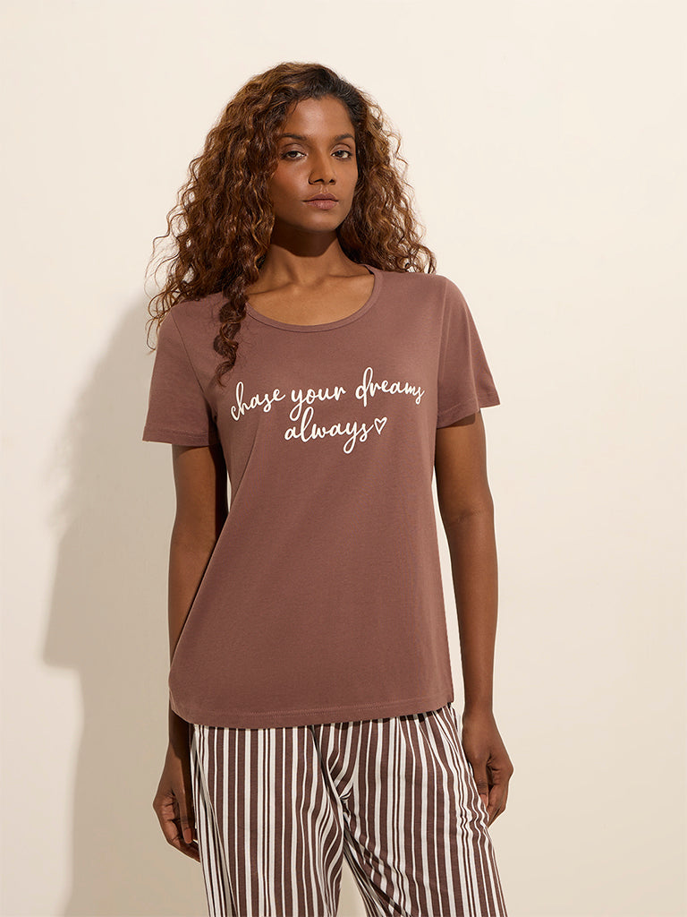 Wunderlove Brown Text Printed Cotton T-Shirt