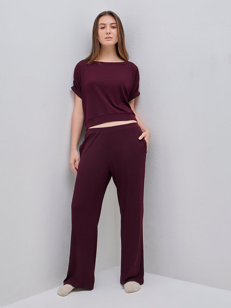 Wunderlove Purple Ribbed Cotton-Blend Lounge Pants