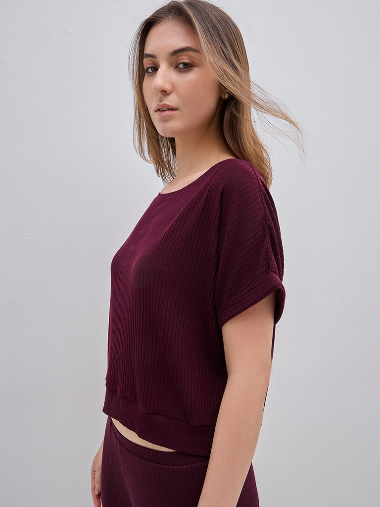 Wunderlove Purple Ribbed Scoop Neck Cotton Blend Top