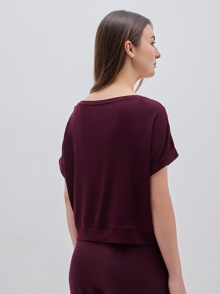 Wunderlove Purple Ribbed Scoop Neck Cotton Blend Top