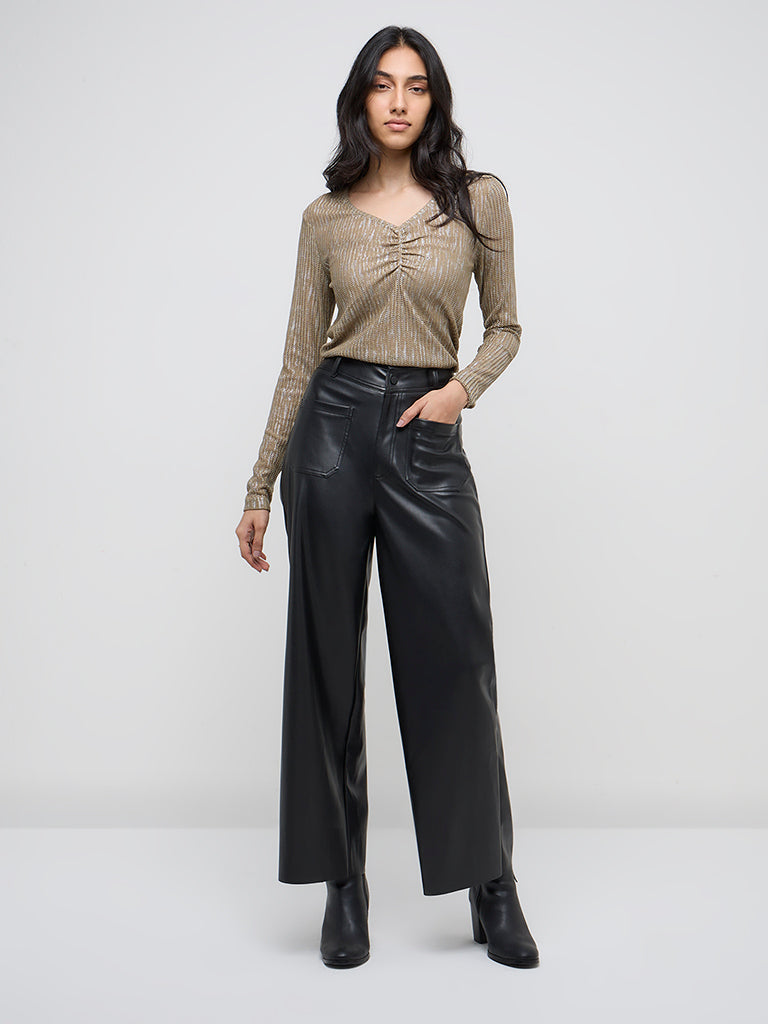 LOV Black Faux-Leather High-Rise Trousers