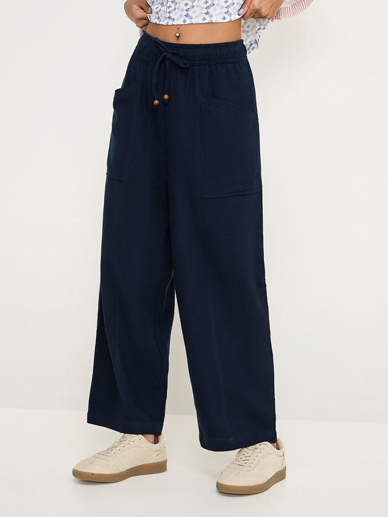 Bombay Paisley Navy High-Rise Cotton-Blend Trousers