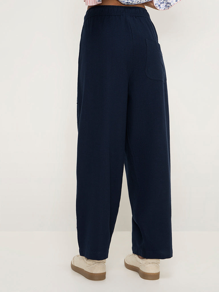 Bombay Paisley Navy High-Rise Cotton-Blend Trousers