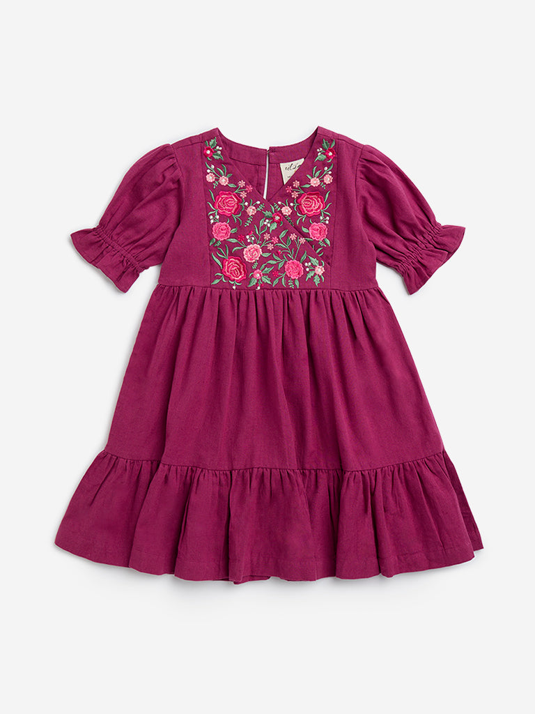 Utsa Kids Purple Floral Embroidered A-Line Cotton Blend Dress - (2-8yrs)