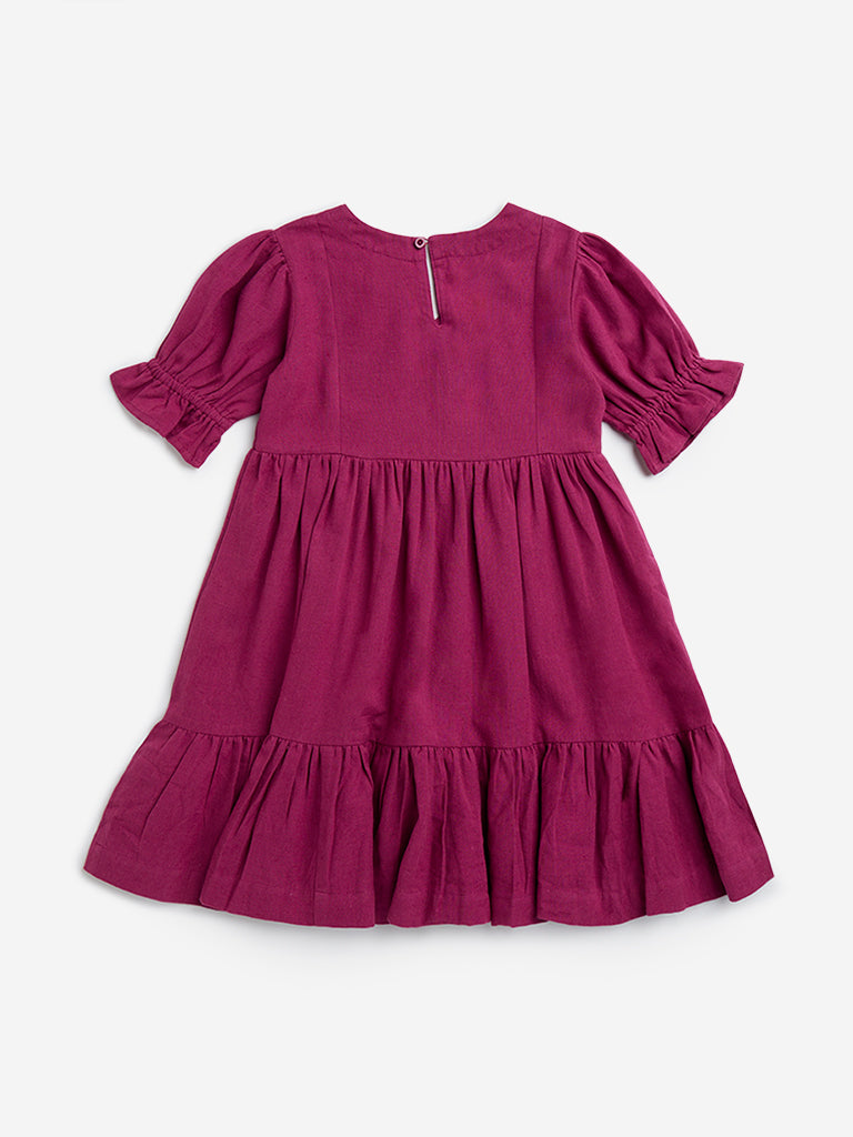 Utsa Kids Purple Floral Embroidered A-Line Cotton Blend Dress - (2-8yrs)