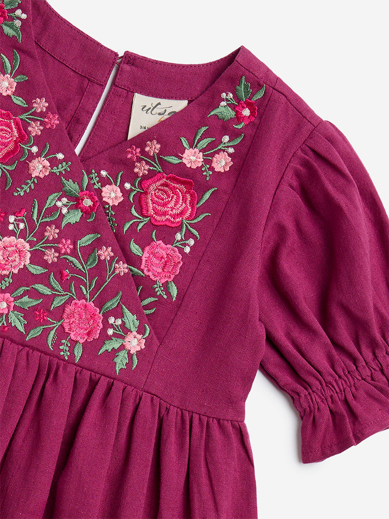 Utsa Kids Purple Floral Embroidered A-Line Cotton Blend Dress - (2-8yrs)