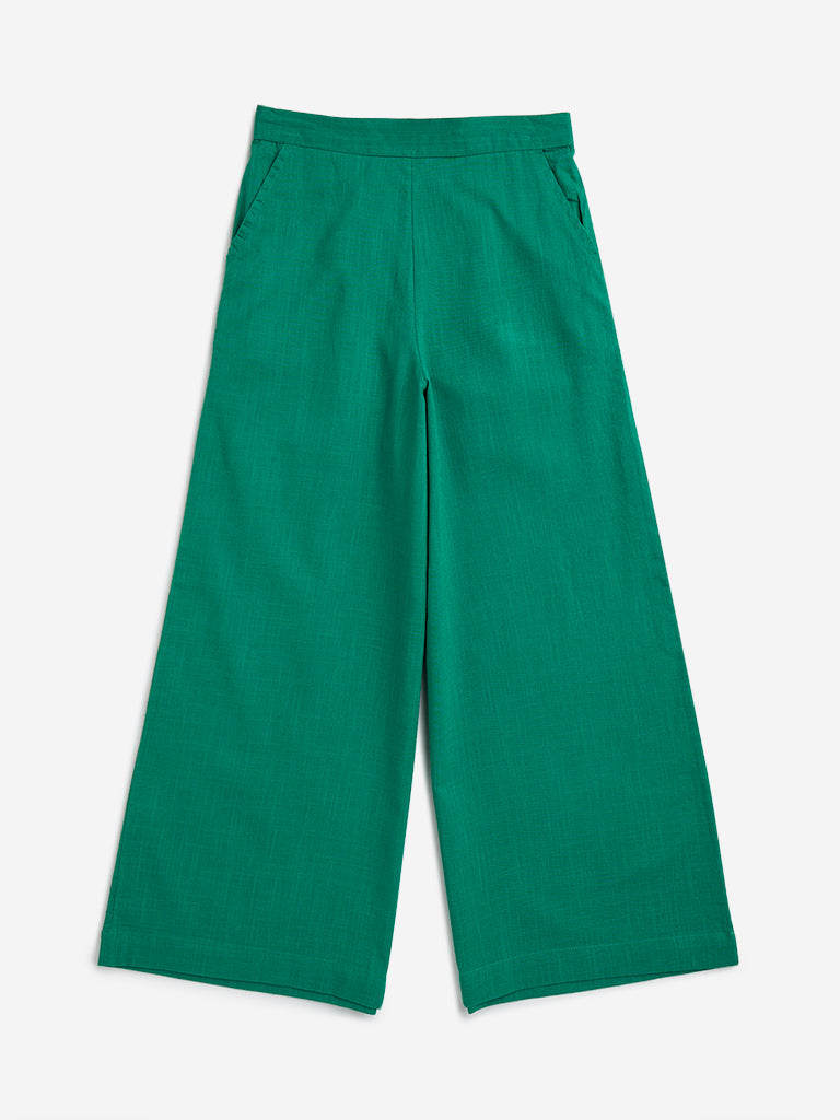 Utsa Kids Green Solid Ethnic Cotton Pants - (8-14yrs)