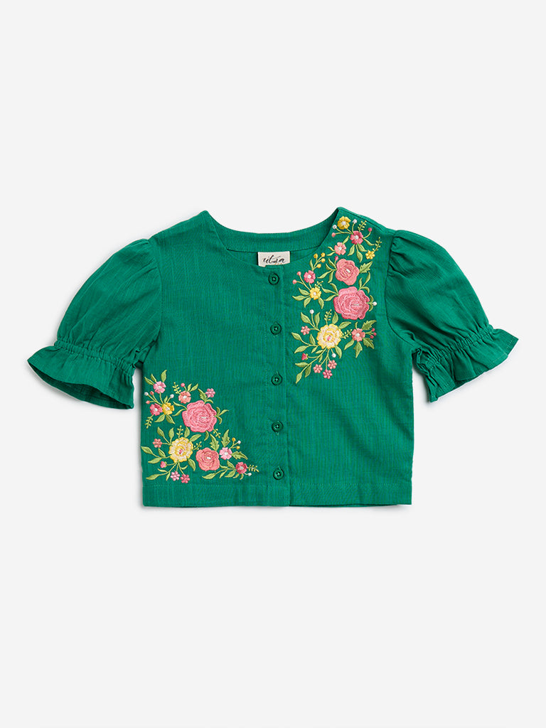 Utsa Kids Green Floral Embroidered Cotton Top - (8-14yrs)