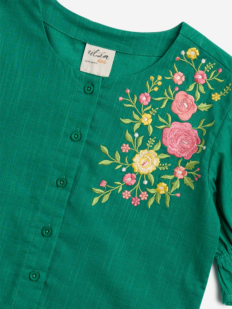 Utsa Kids Green Floral Embroidered Cotton Top - (8-14yrs)