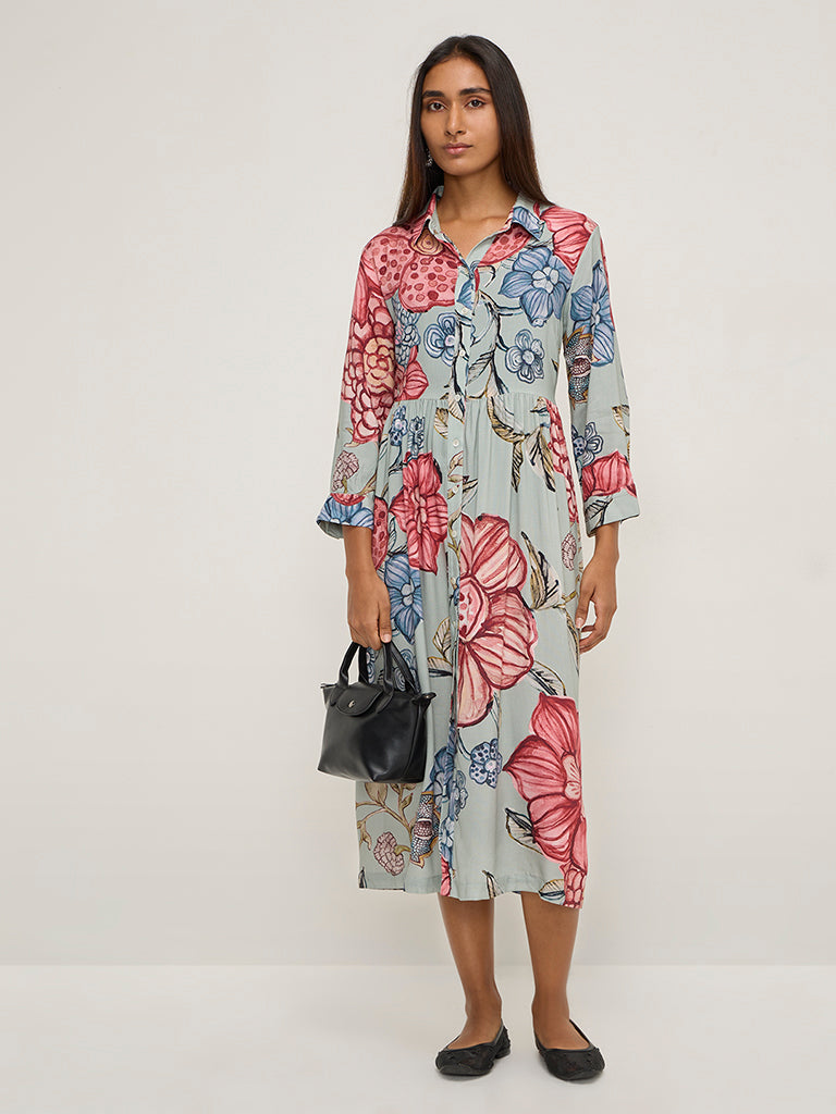 Utsa Sage Floral Design Shirt Dress