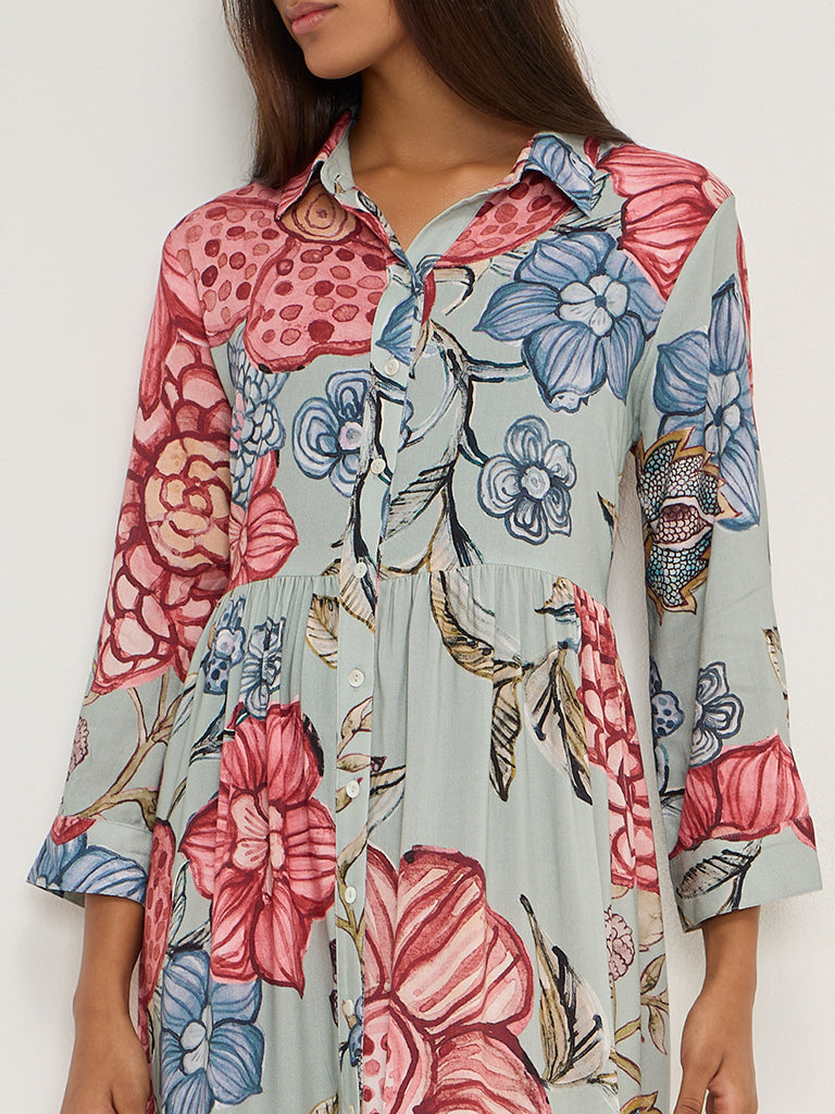 Utsa Sage Floral Design Shirt Dress