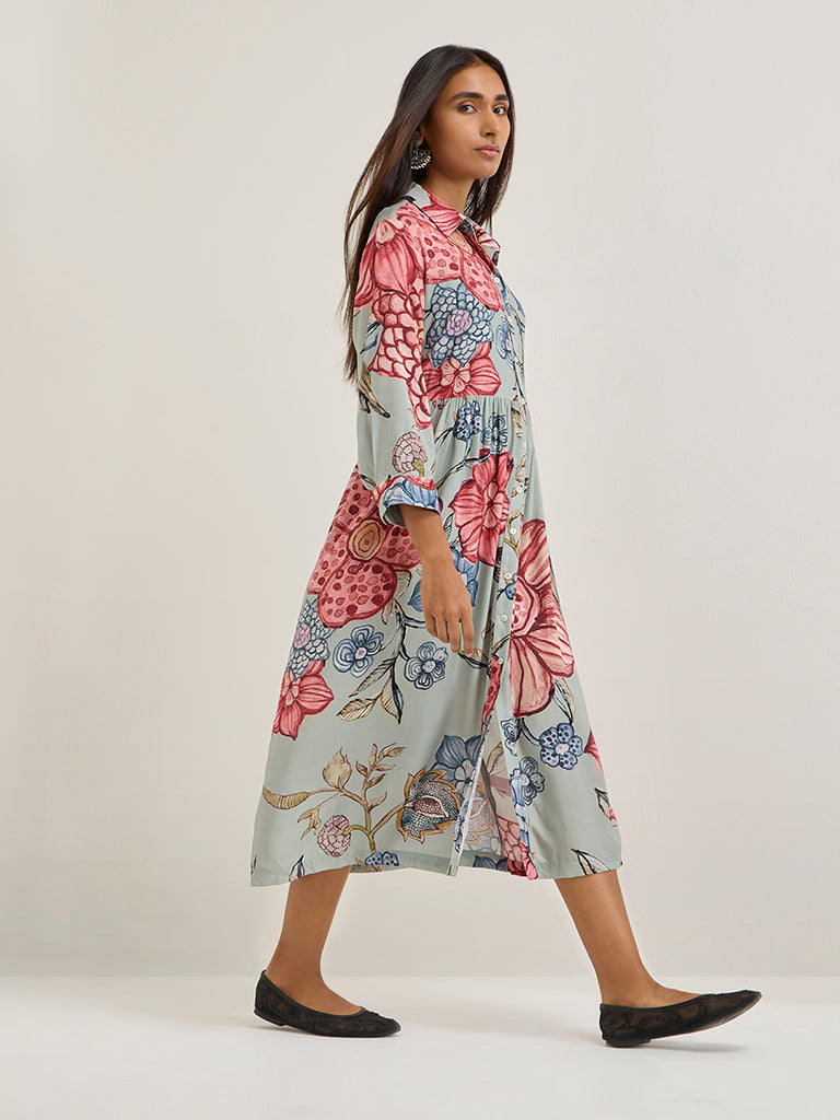 Utsa Sage Floral Design Shirt Dress