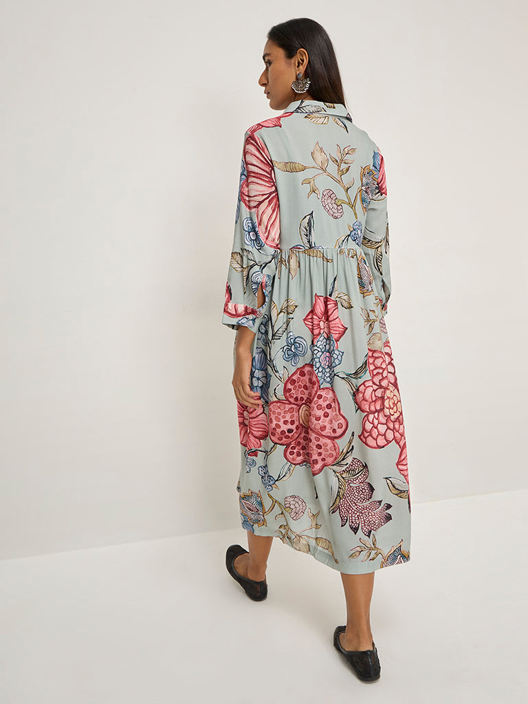 Utsa Sage Floral Design Shirt Dress