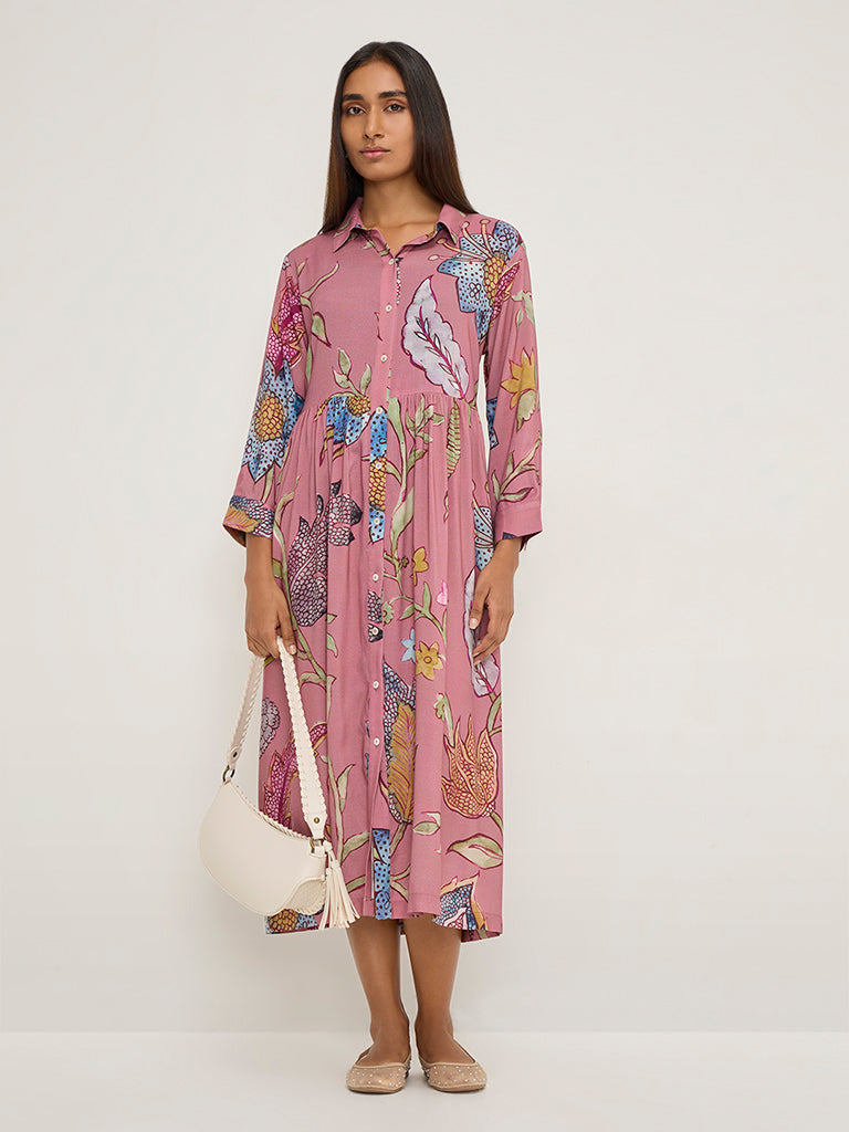 Utsa Dusty Pink Botanical Printed Shirt Dress