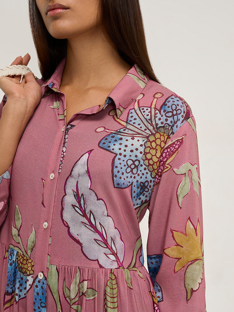 Utsa Dusty Pink Botanical Printed Shirt Dress