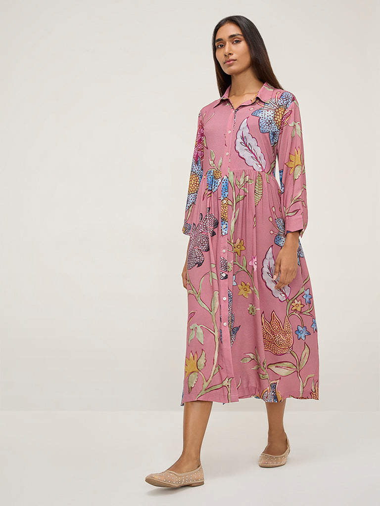 Utsa Dusty Pink Botanical Printed Shirt Dress