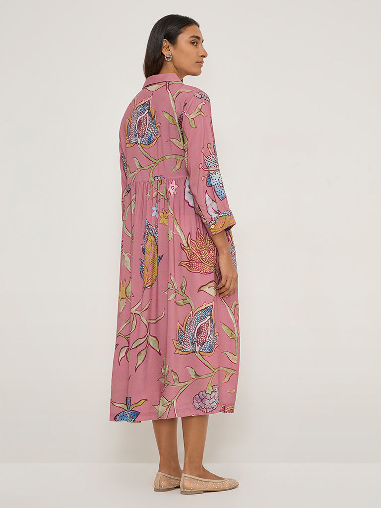 Utsa Dusty Pink Botanical Printed Shirt Dress