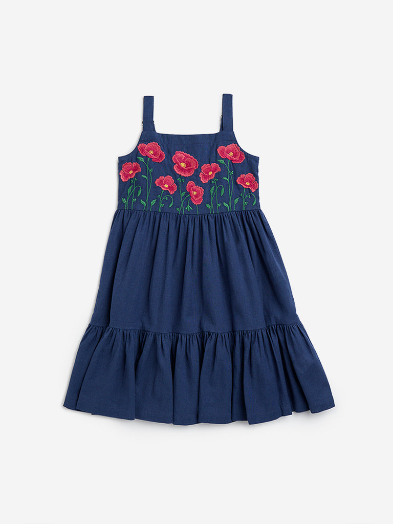 Utsa Kids Navy Floral Embroidered Cotton Blend Tiered Dress - (2-8yrs)