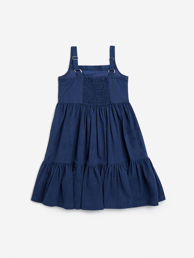 Utsa Kids Navy Floral Embroidered Cotton Blend Tiered Dress - (2-8yrs)