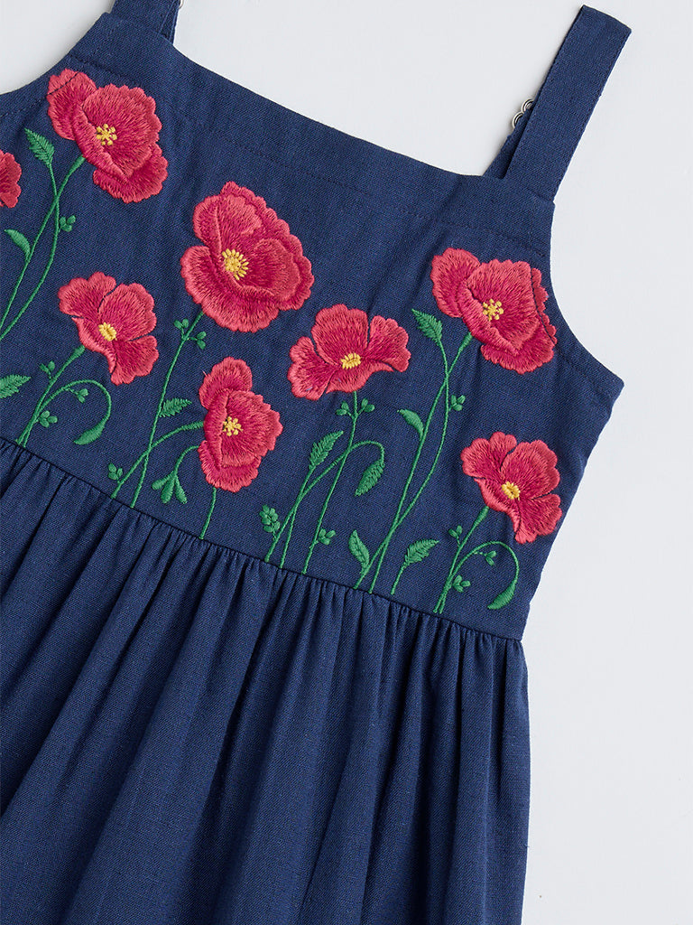 Utsa Kids Navy Floral Embroidered Cotton Blend Tiered Dress - (2-8yrs)