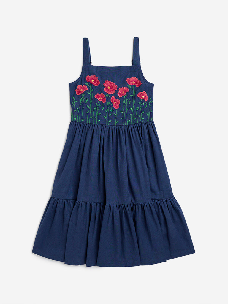 Utsa Kids Navy Floral Embroidered Cotton Blend Tiered Dress - (8-14yrs)