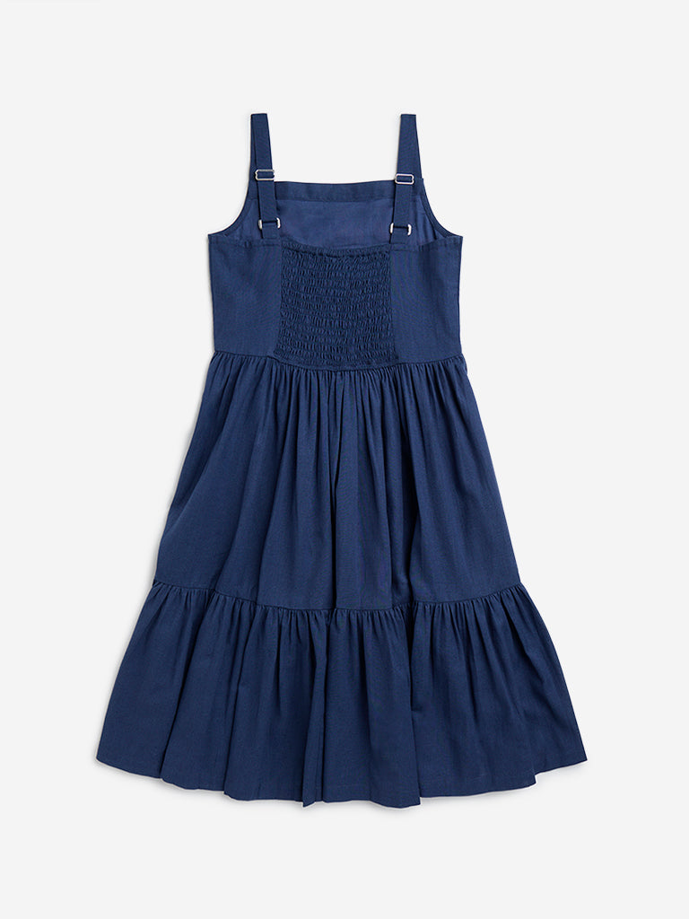 Utsa Kids Navy Floral Embroidered Cotton Blend Tiered Dress - (8-14yrs)