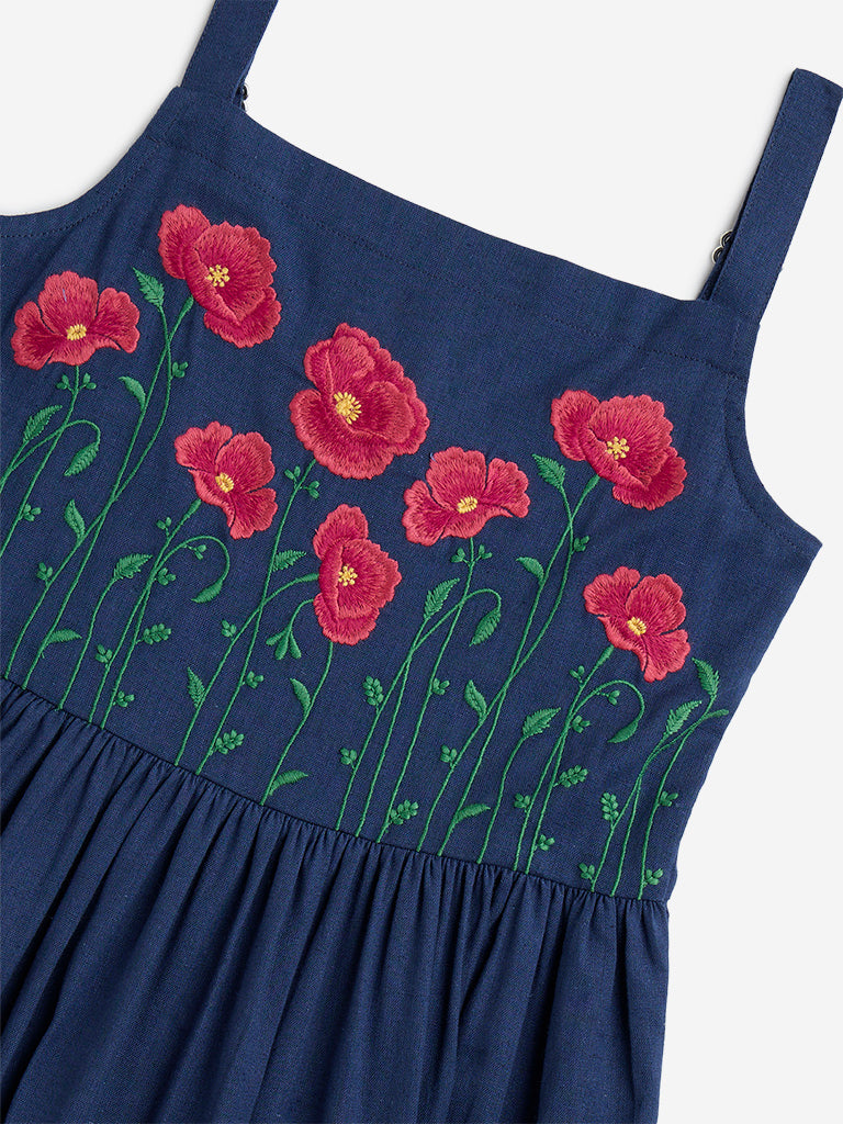 Utsa Kids Navy Floral Embroidered Cotton Blend Tiered Dress - (8-14yrs)