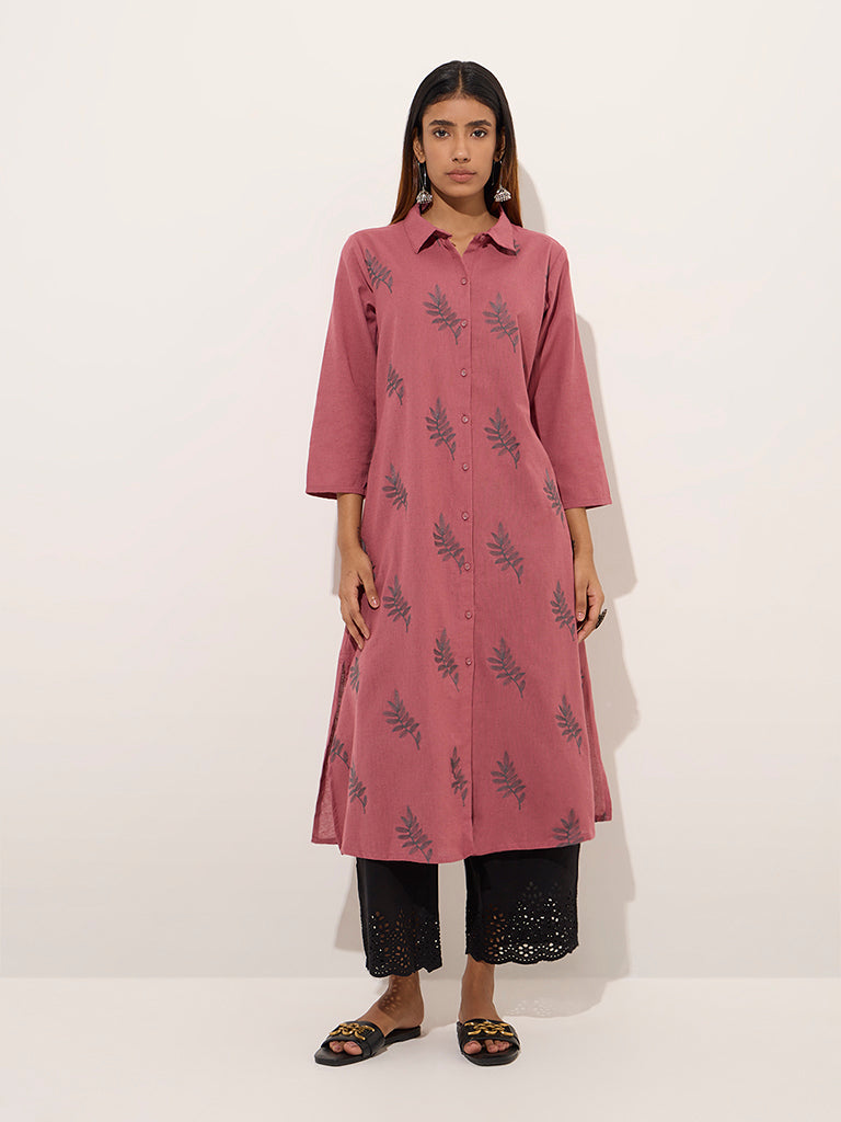 Utsa Dusty Pink Leaf Embroidered Cotton A-Line Kurta