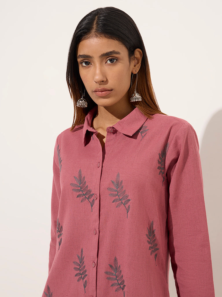 Utsa Dusty Pink Leaf Embroidered Cotton A-Line Kurta