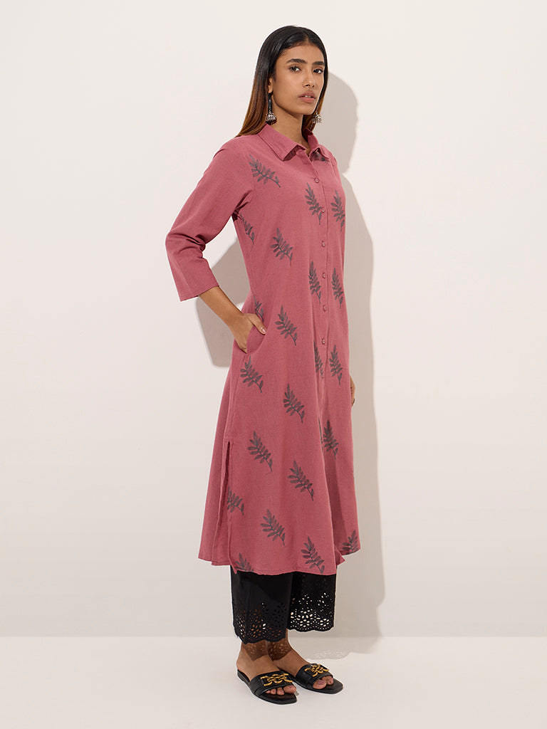 Utsa Dusty Pink Leaf Embroidered Cotton A-Line Kurta