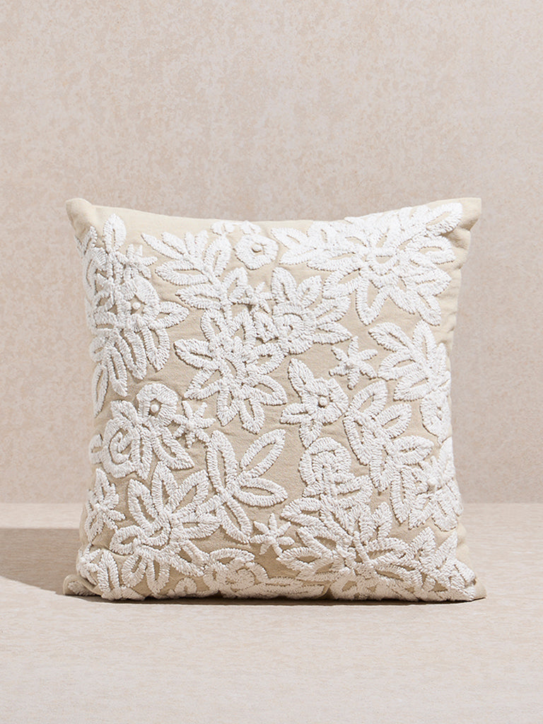 Westside Home Beige Floral Embroidered Cushion Cover