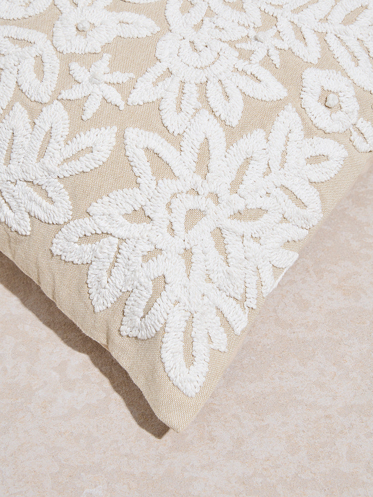 Westside Home Beige Floral Embroidered Cushion Cover