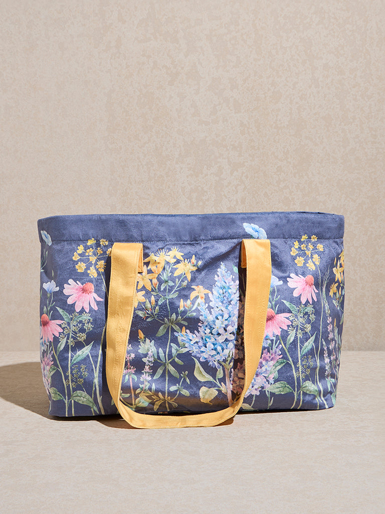 Westside Home Dusty Blue Botanical Pattern Tote Bag