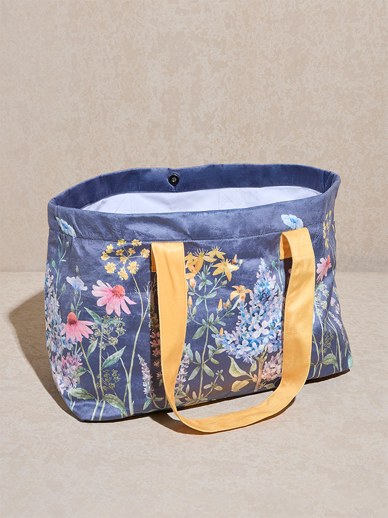 Westside Home Dusty Blue Botanical Pattern Tote Bag