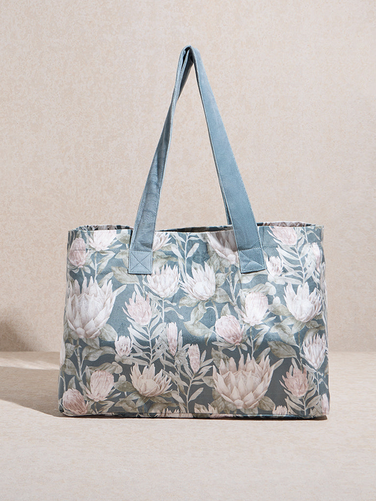 Westside Home Teal Floral Design Tote Bag