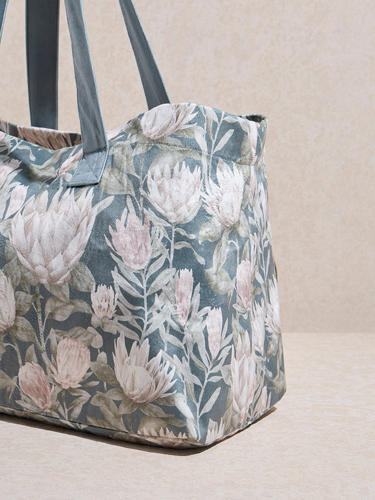 Westside Home Teal Floral Design Tote Bag