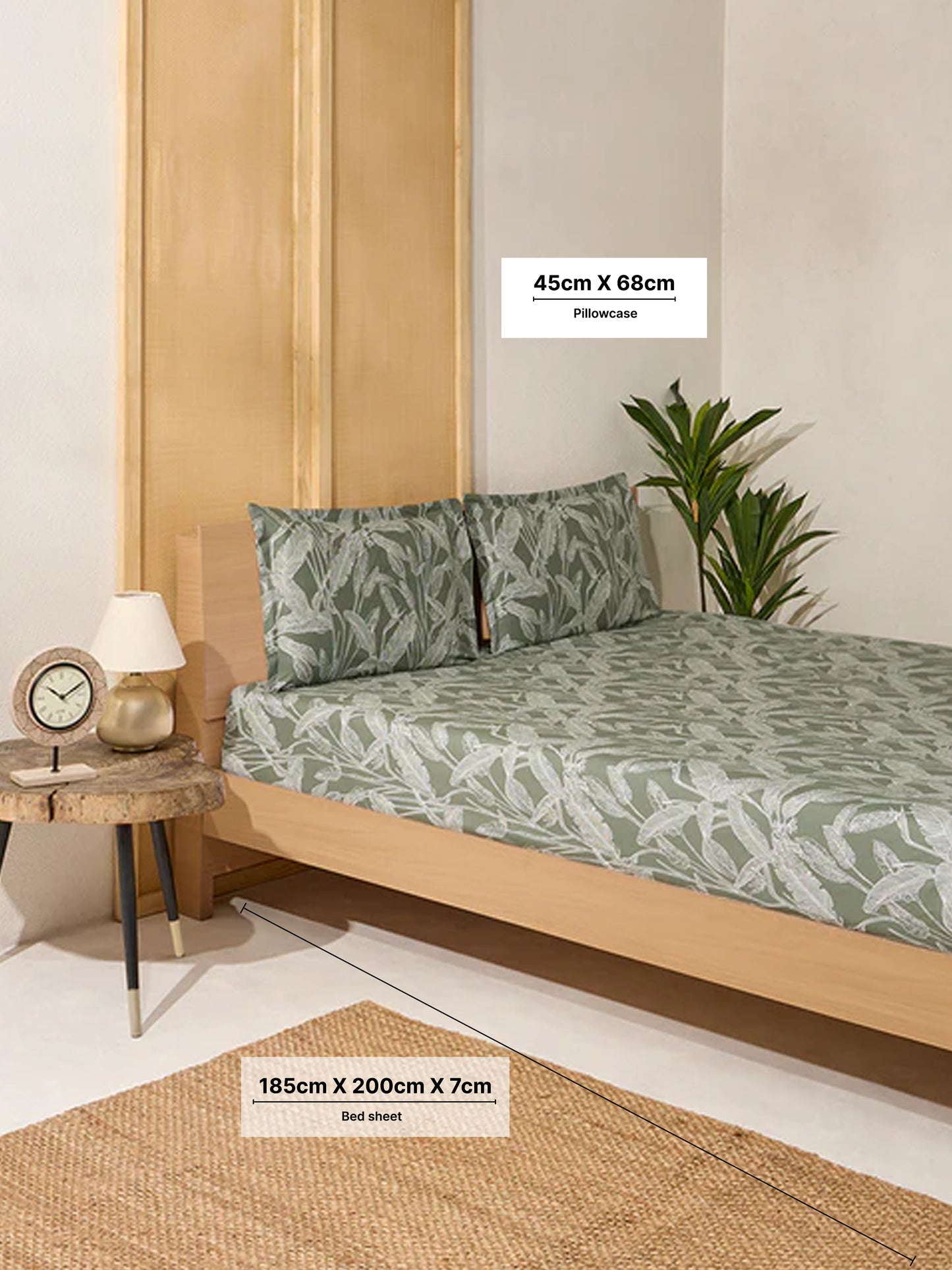 Westside Home Sage Leaf Pattern King Bed Fitted Sheet and Pillowcase Set